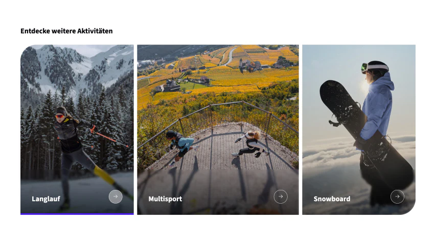 Drei Kacheln mit Sportlern beim Langlauf, Trailrunning und Snowboarden in den Bergen.