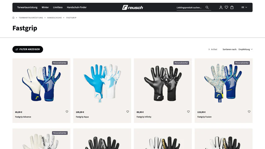 Desktop-Ansicht des Reusch Onlineshops mit Torwart-Handschuhen der Fastgrip-Kollektion.
