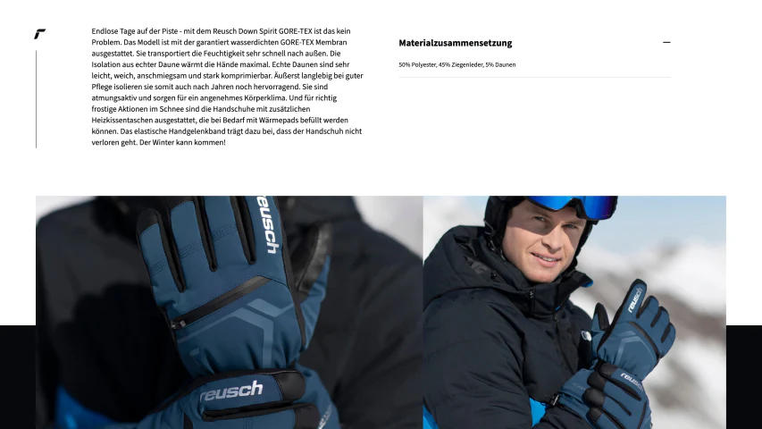 Skifahrer trägt blaue Reusch Down Spirit GORE-TEX Handschuhe im Schnee.