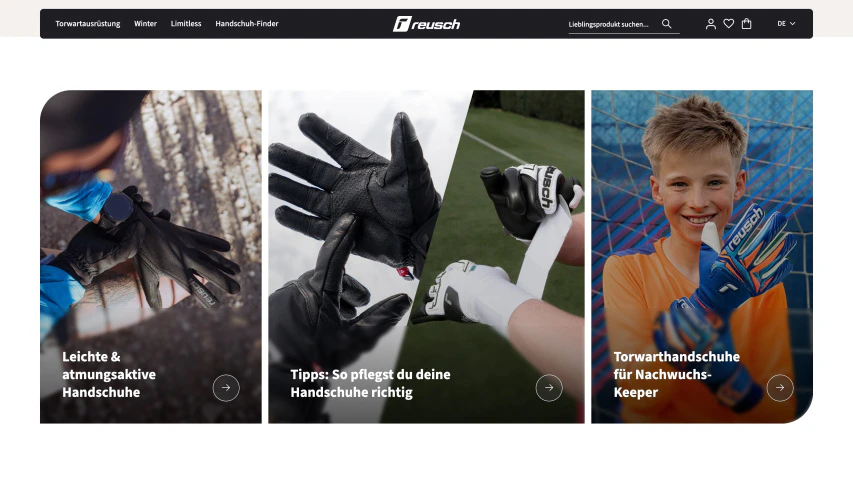 Desktop-Ansicht des Reusch Onlineshops mit Kategorien für Torwarthandschuhe und Sportbekleidung.
