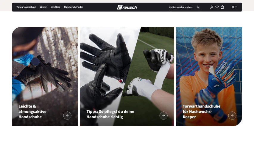Desktop-Ansicht des Reusch Onlineshops mit Kategorien für Torwarthandschuhe und Sportbekleidung.