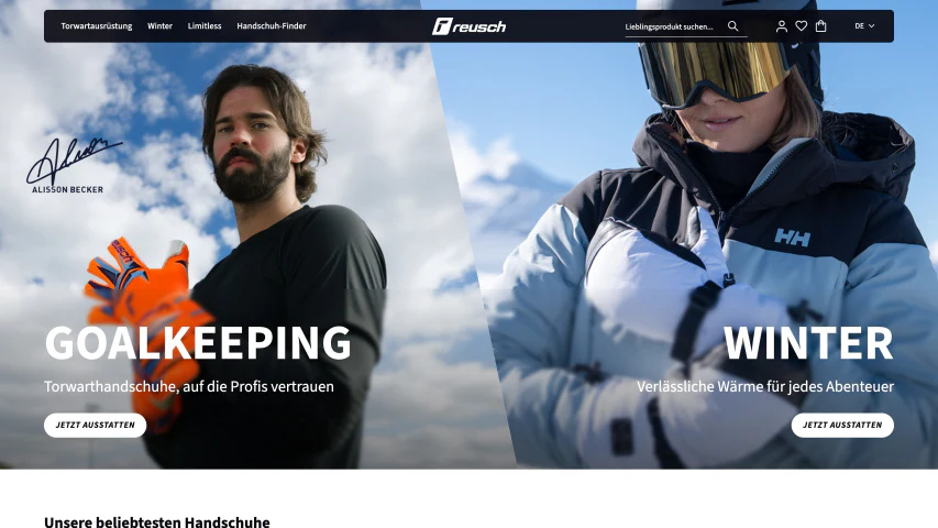 Startseite des Reusch-Onlineshops mit den Kategorien Goalkeeping und Winter.