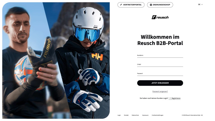 Login-Maske des Reusch B2B-Portals mit Sportler-Fotos für Fußball und Ski.