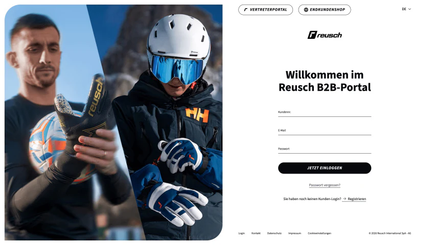 Login-Maske des Reusch B2B-Portals mit Sportler-Fotos für Fußball und Ski.