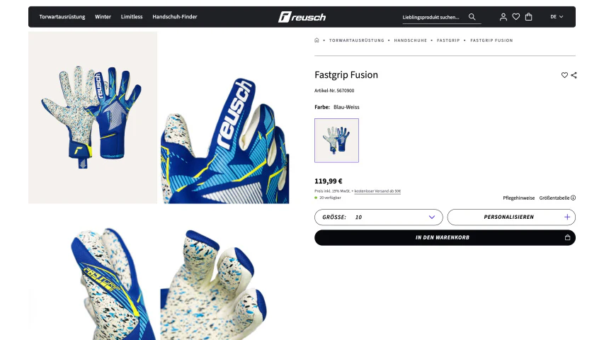 Desktop-Ansicht des Reusch Onlineshops mit den Torwarthandschuhen Fastgrip Fusion in Blau-Weiß.