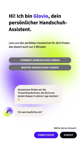 Smartphone-Anzeige des Glovio Handschuh-Assistenten zur Auswahl von Torwart- oder Winterhandschuhen.