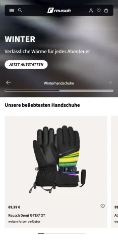 Mobile Ansicht des Reusch Onlineshops mit Winterhandschuhen und dem Modell Demi R-TEX XT.