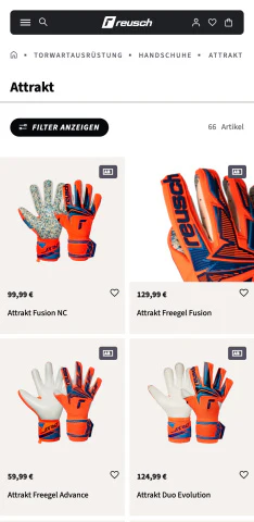 Mobile-Ansicht des Reusch-Webshops mit Torwart-Handschuhen der Attrakt-Serie.