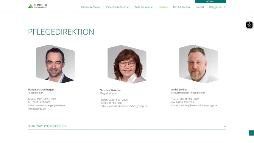 Website-Ansicht der Pflegedirektion des Klinikum Fichtelgebirge mit Porträtfotos und Kontaktdaten der Ansprechpartner.