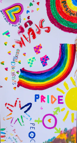 Bunte Collage mit Regenbogen-Motiven, Pride-Schriftzug und inklusiven Botschaften zur Vielfalt.