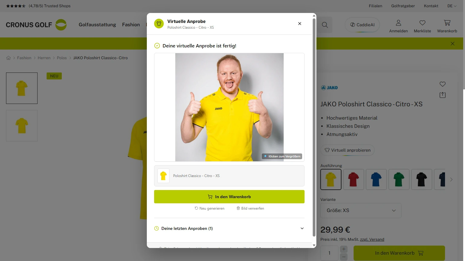 Screenshot des Features AI Tryon im b2c Demoshop von dynamic commerce