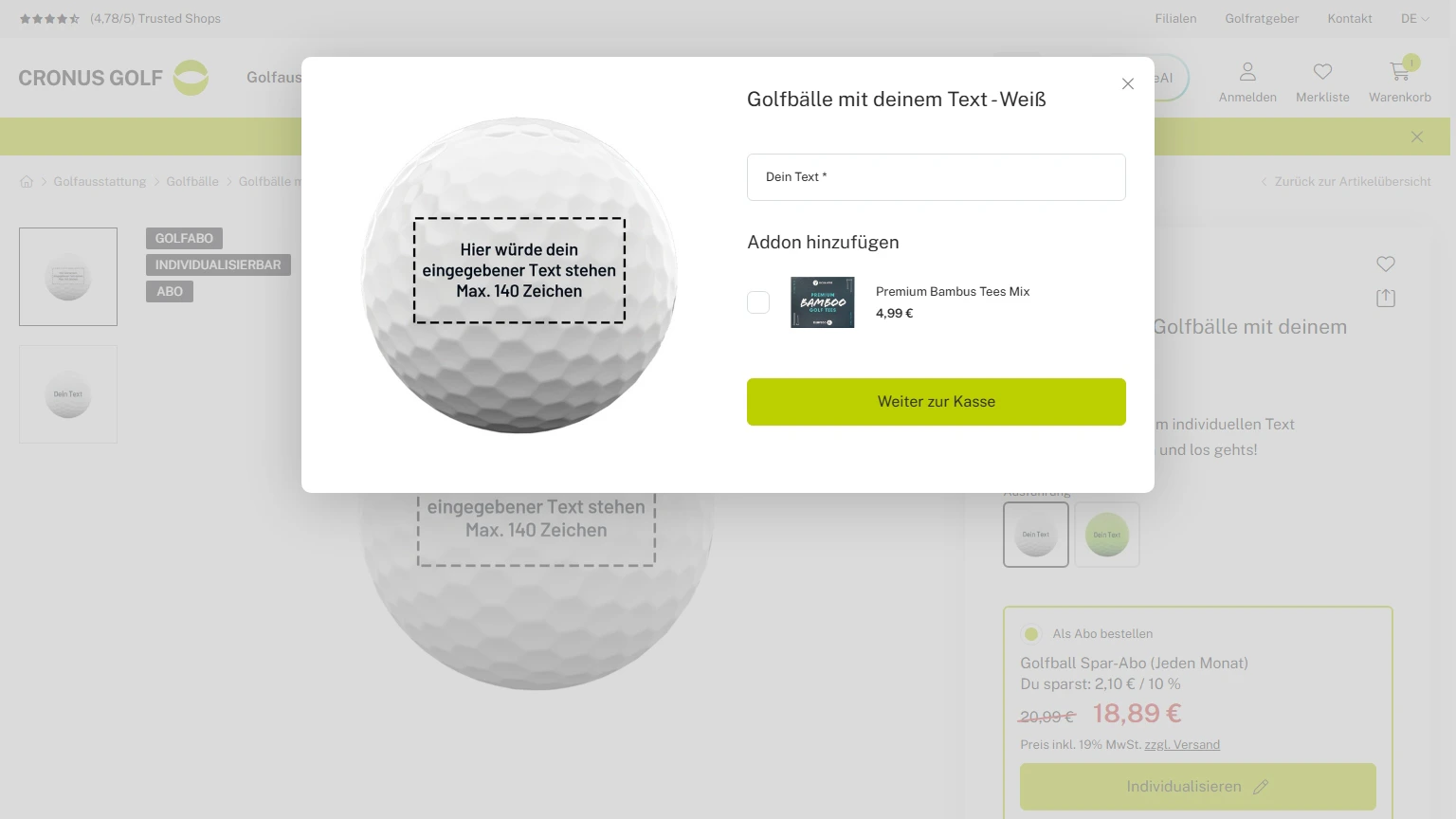 Screenshot des Features Individualisierung im b2c Demoshops dynamic commerce zeigt Individualisierung eines Golfballs