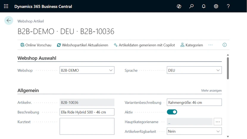Benutzeroberfläche von Microsoft Dynamics 365 Business Central mit Produktdaten für eine Webshop-Integration.