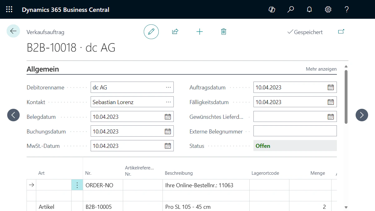 Benutzeroberfläche von Microsoft Dynamics 365 Business Central mit Produktdaten für eine Webshop-Integration.