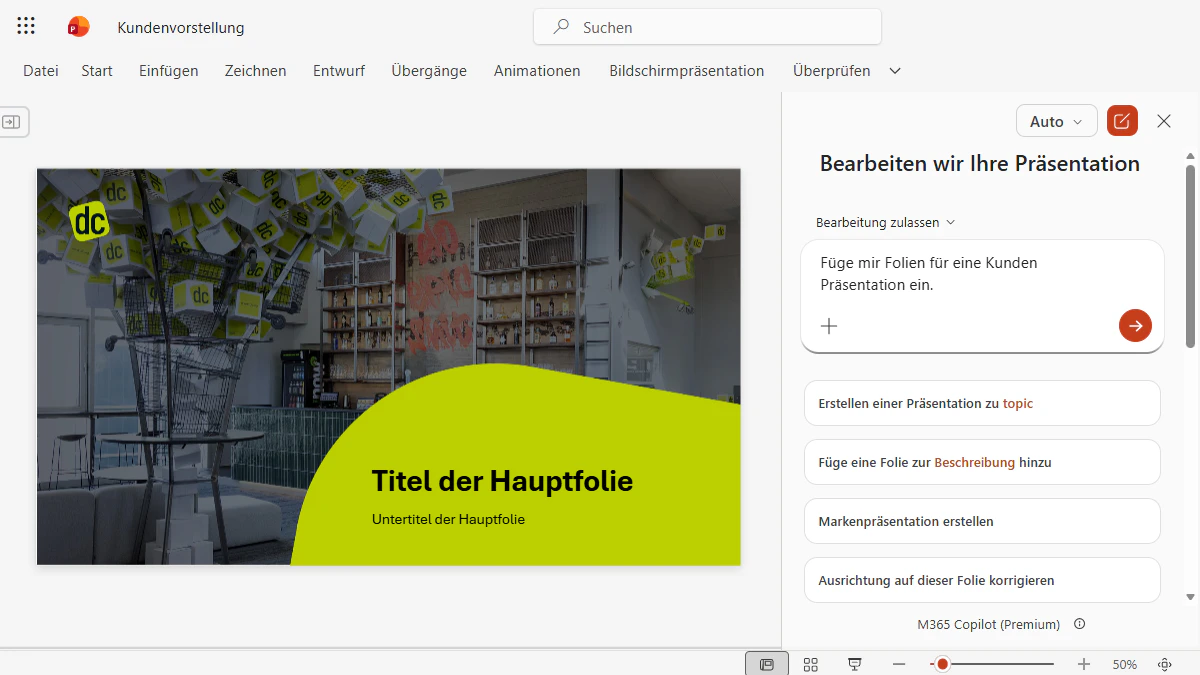 Microsoft Copilot erstellt automatisiert Folien in einer PowerPoint-Präsentation.