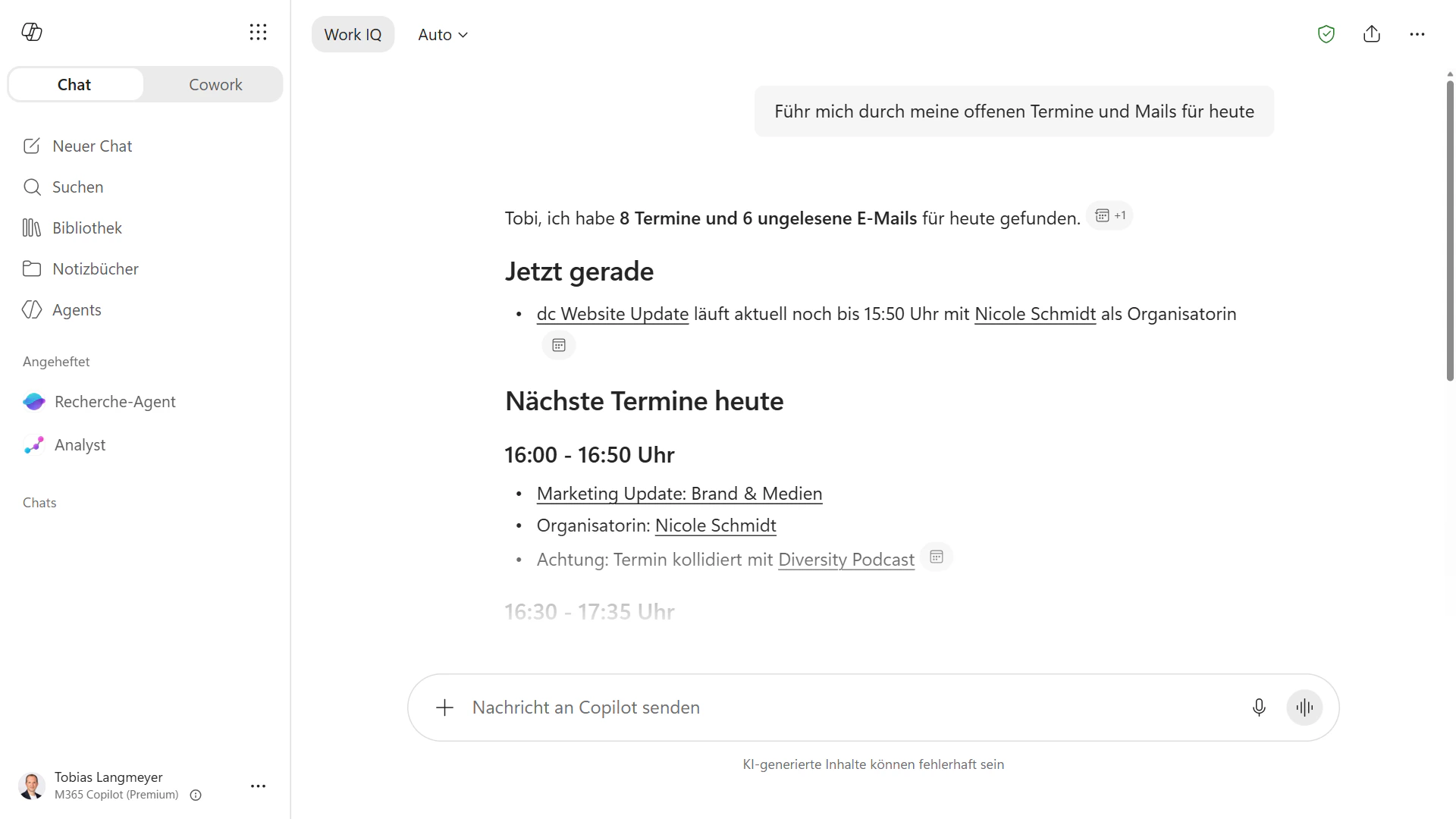 Benutzeroberfläche von Microsoft 365 Copilot zeigt eine Terminübersicht im Chat-Verlauf.
