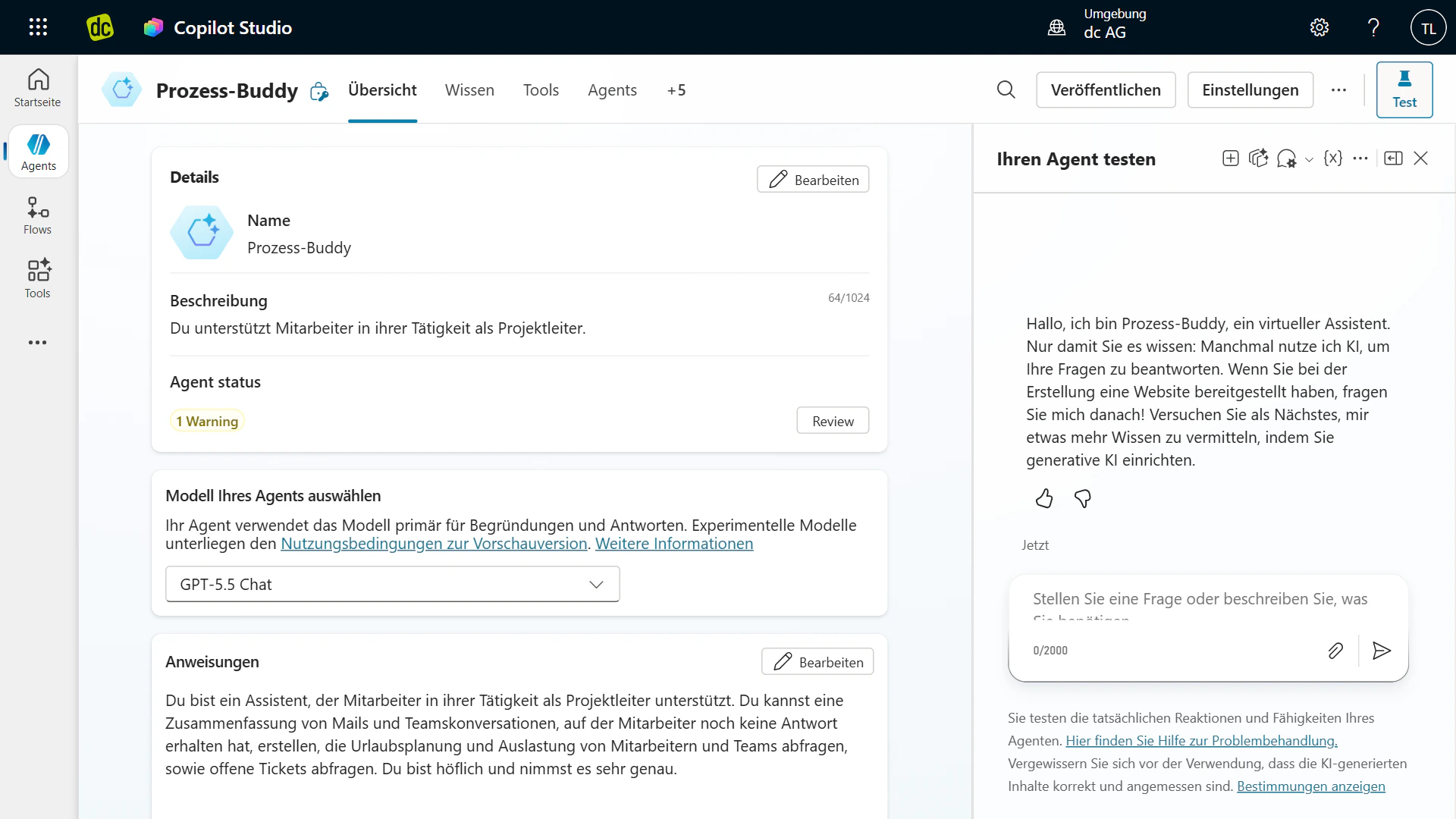 Benutzeroberfläche von Microsoft Copilot Studio zur Konfiguration eines KI-Agents namens Prozess-Buddy.