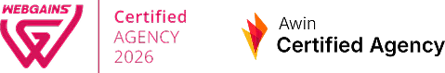 Logos von Webgains 2026, Awin Certified Agency auf schwarzem Hintergrund.