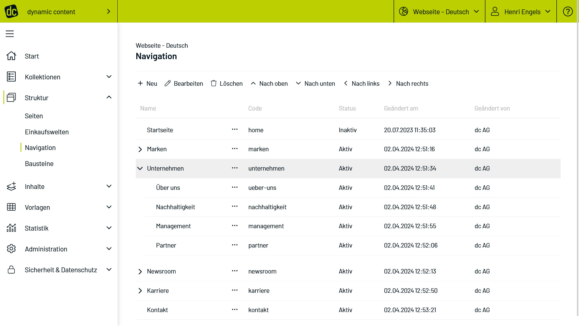 dynamic conten Pflege Menü und Navigation