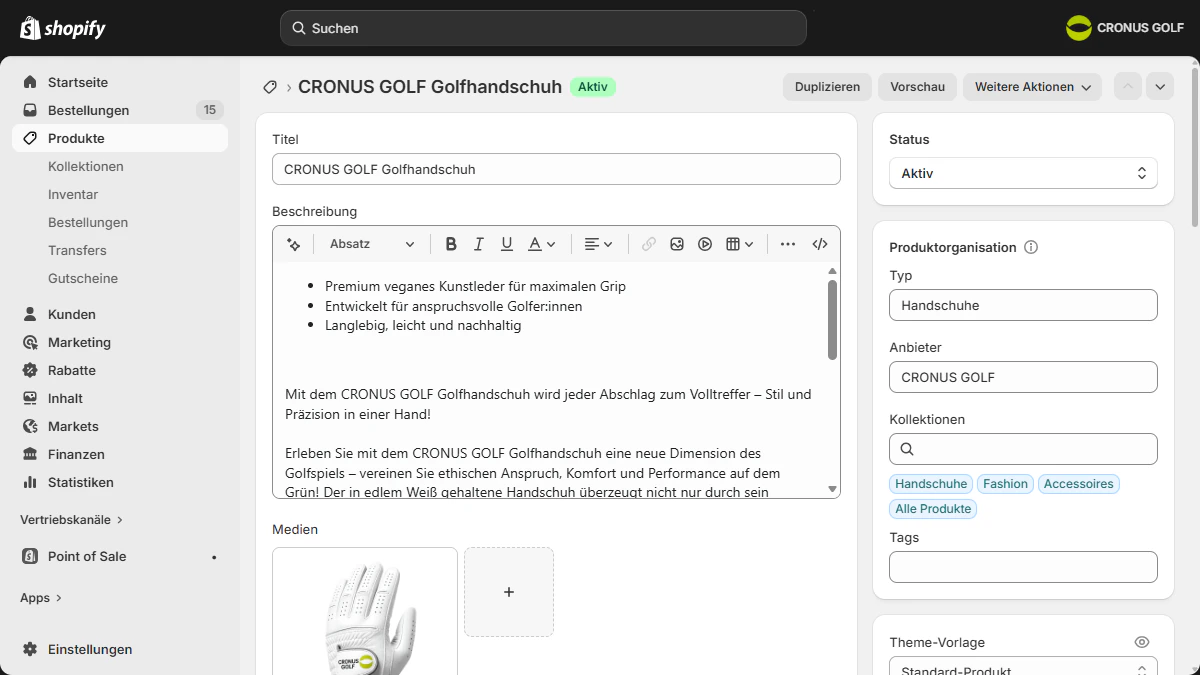 Produktübersicht im Shopify-Backend für einen Golfhandschuh der Marke Cronus Golf.