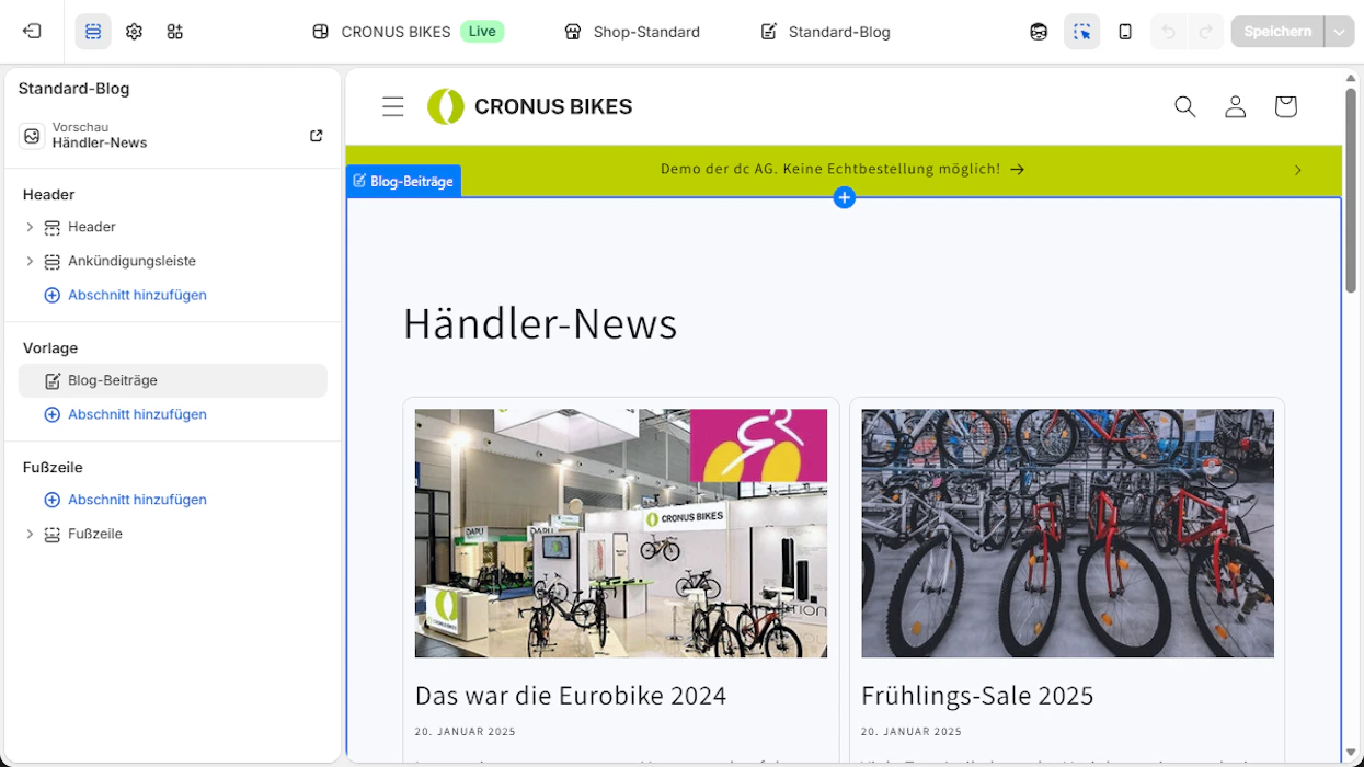 Individuelle Bearbeitung eines Blog-Layouts im Shopify Theme Editor für Cronus Bikes.