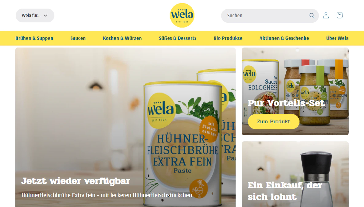 Startseite des Wela Shopify-Webshops mit verschiedenen Suppen, Saucen und Gewürzen.