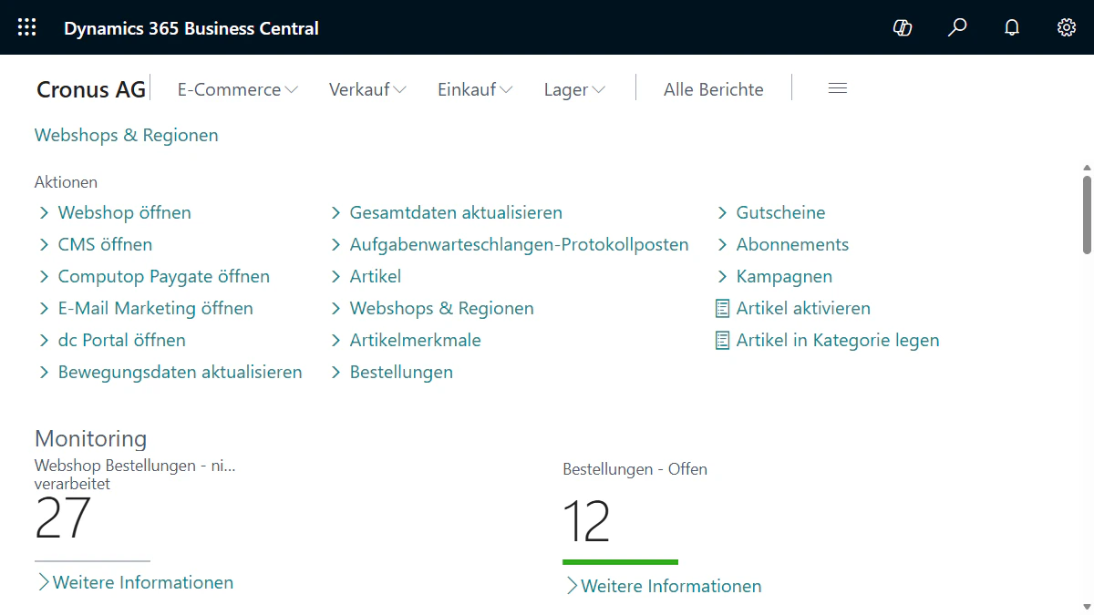 Screenshot Übersicht Webshopmanager Business Central