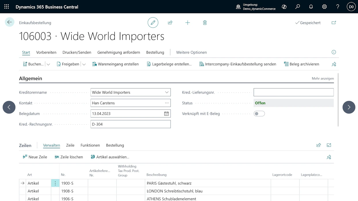 Debitorenkarte von Trey Research in Microsoft Dynamics 365 Business Central mit Kontodaten und Salden.