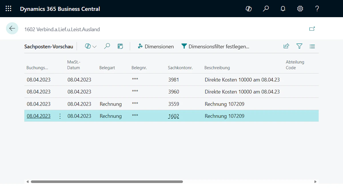 Bedieneroberfläche von Microsoft Dynamics 365 Business Central mit der Sachposten-Vorschau für Finanzen.