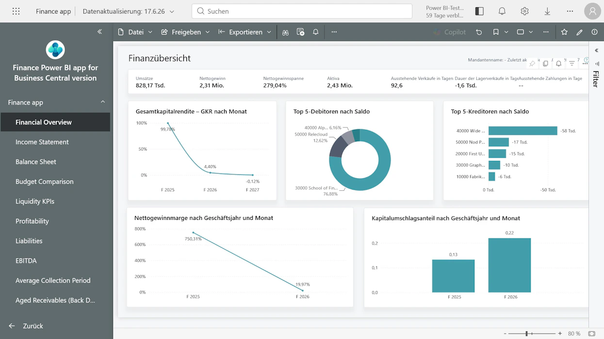 Bedieneroberfläche von Microsoft Dynamics 365 Business Central mit der Sachposten-Vorschau für Finanzen.