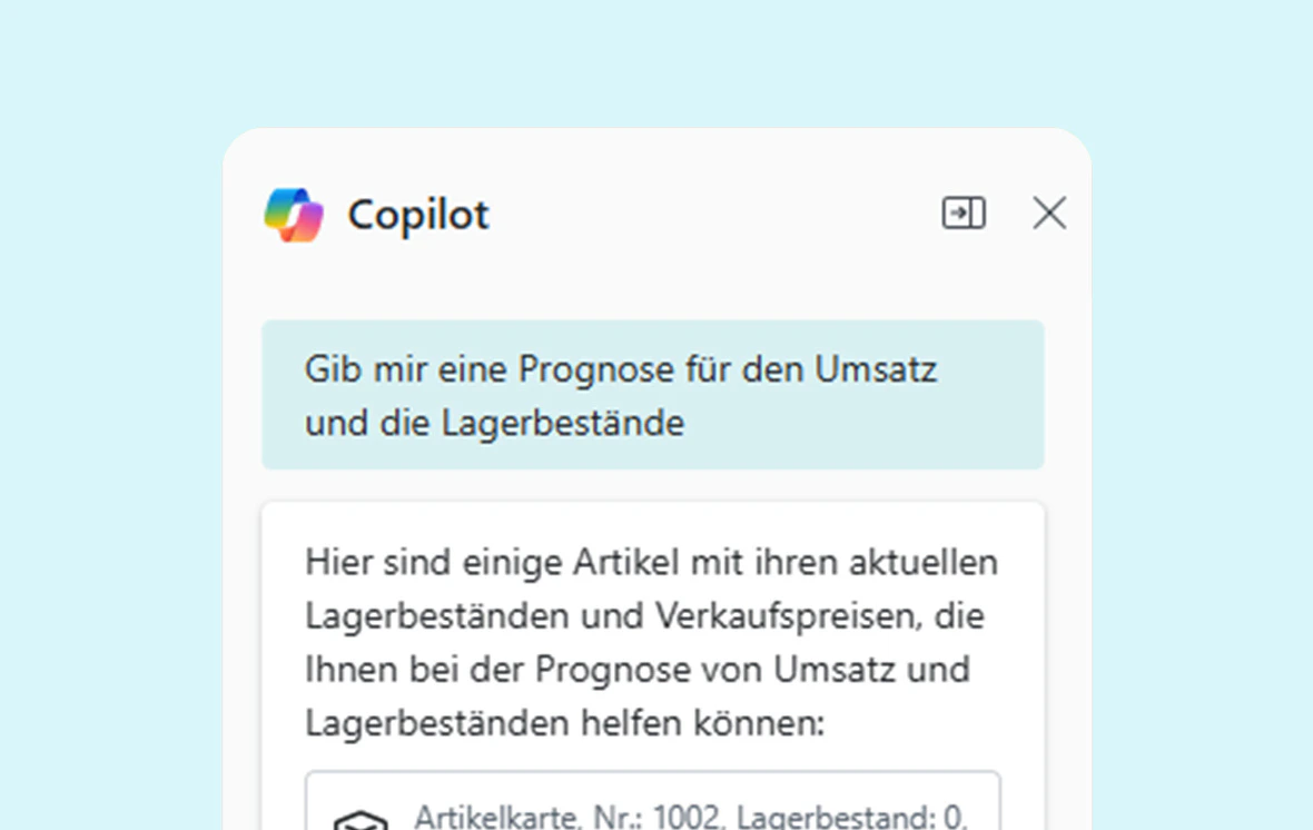 Microsoft Copilot zeigt eine Umsatzprognose und Lagerbestände in Dynamics 365 Business Central an.
