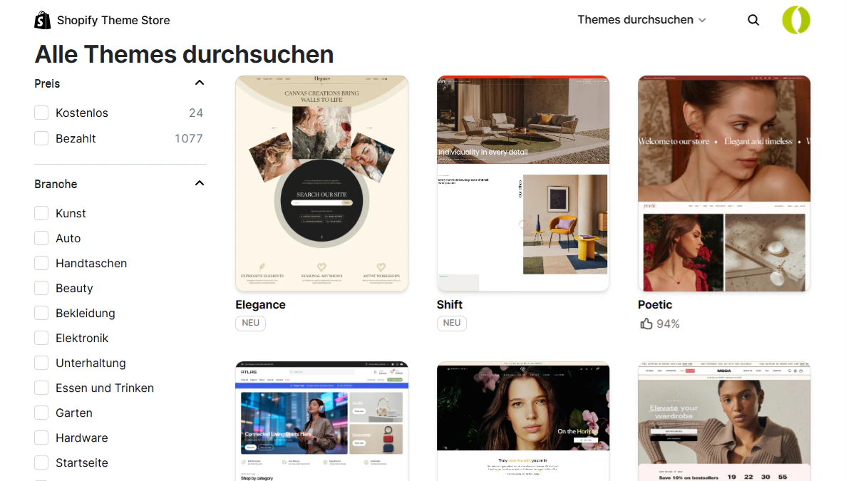 Auswahl an Design-Vorlagen im Shopify Theme Store mit Filtermenü für Branchen und Preise.