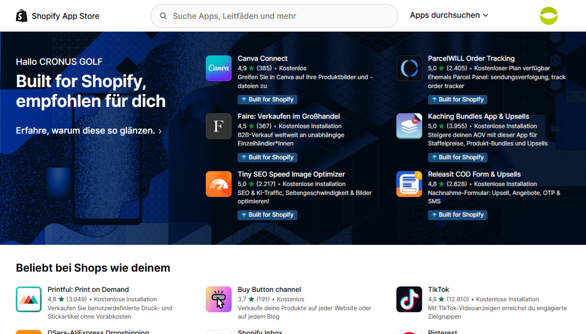 Überblick über den Shopify App Store mit empfohlenen Anwendungen für E-Commerce-Händler.