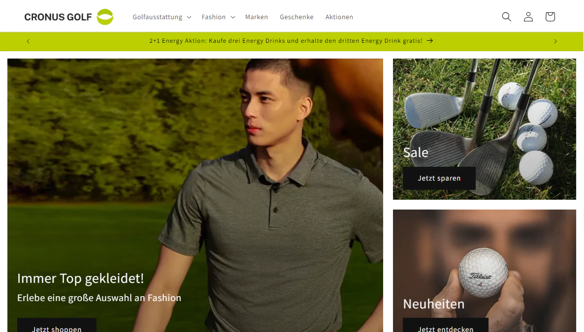 Startseite eines Shopify-Webshops für Golfbedarf mit Fashion-Modells, Golfschlägern und Bällen.