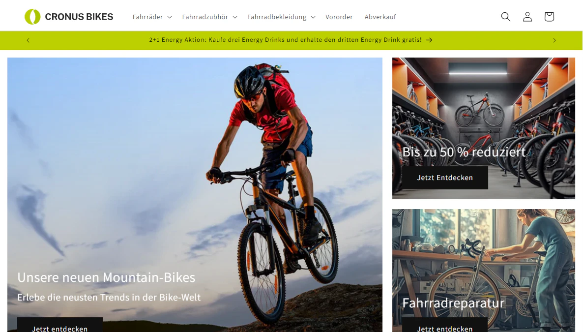 Webshop-Oberfläche von Cronus Bikes mit Mountainbike-Header und B2B-Funktionen.