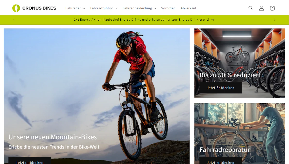 Webshop-Oberfläche von Cronus Bikes mit Mountainbike-Header und B2B-Funktionen.