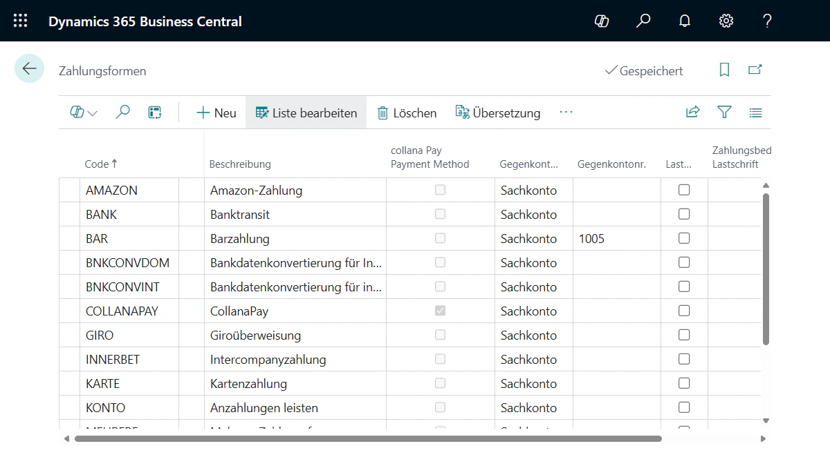 Benutzeroberfläche von Microsoft Dynamics 365 Business Central mit einer Liste konfigurierter Zahlungsformen.