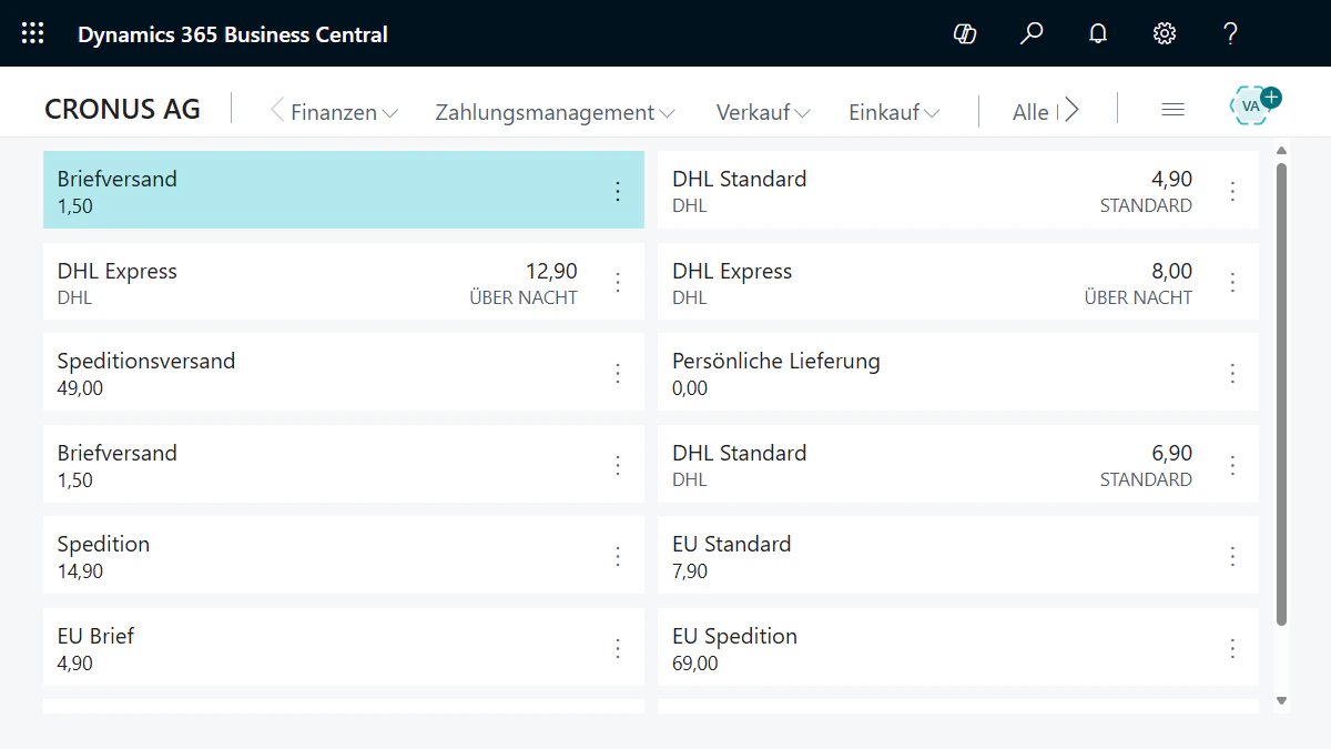 Übersicht verschiedener Versandkosten und Dienstleister wie DHL in Microsoft Dynamics 365 Business Central.