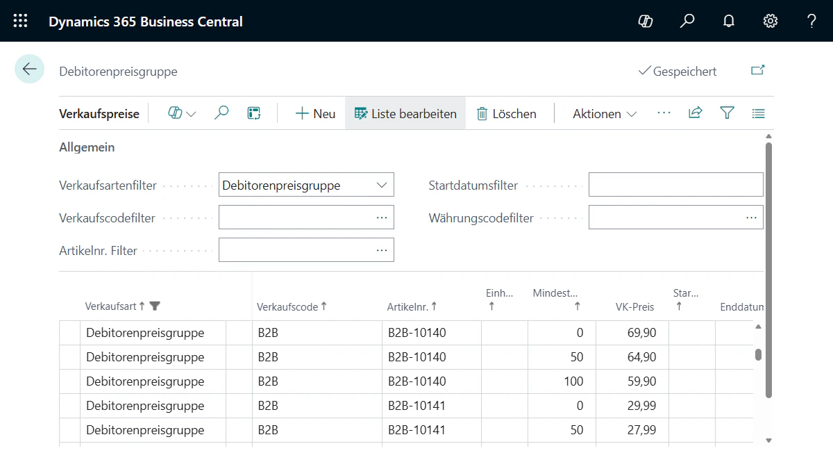 Benutzeroberfläche von Microsoft Dynamics 365 Business Central mit der Preislogik für Debitorenpreisgruppen.