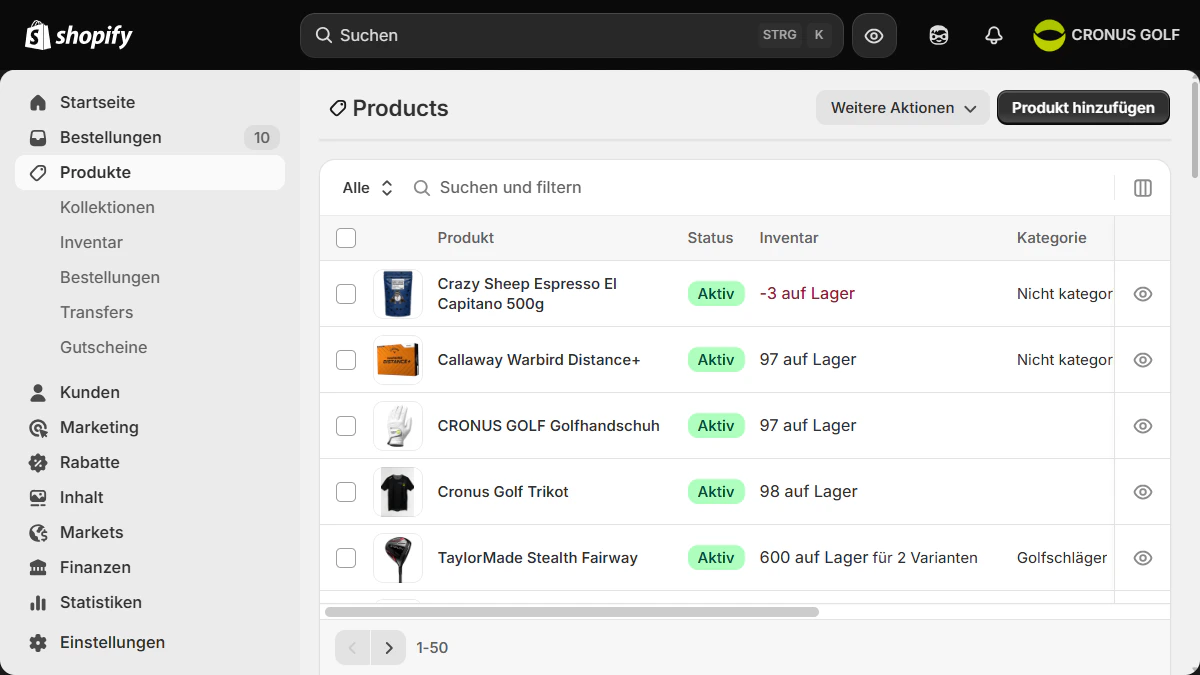 Produktübersicht im Shopify-Admin-Backend mit verschiedenen gelisteten Verkaufsartikeln und Lagerbeständen.