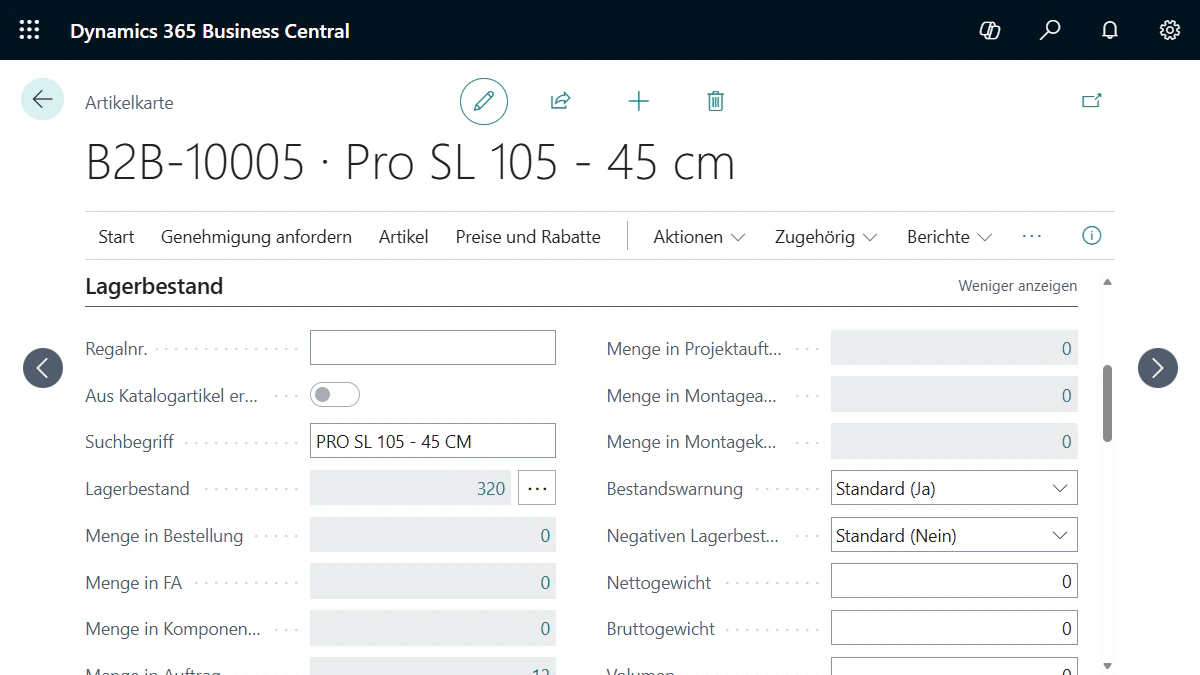 Artikelkarte mit Lagerbestand-Details in Microsoft Dynamics 365 Business Central.
