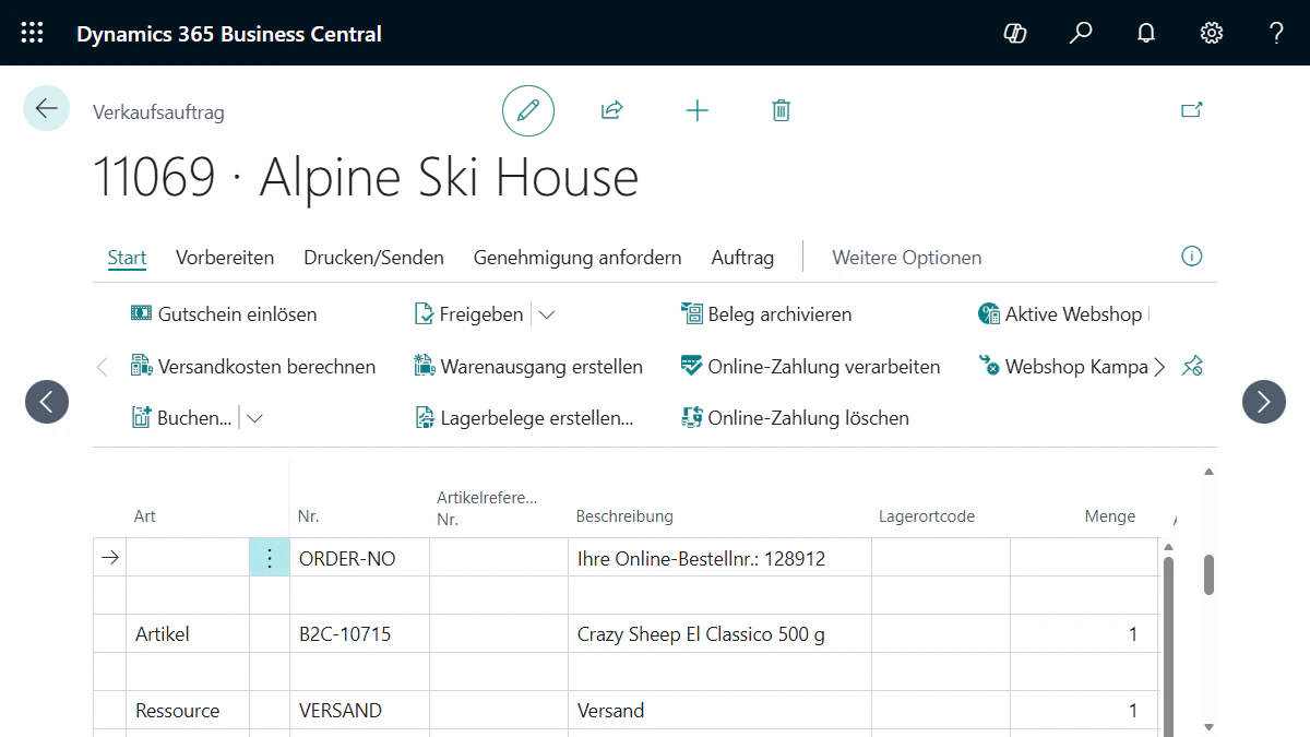 Microsoft Dynamics 365 Business Central Benutzeroberfläche mit einem Verkaufsauftrag für eine Webshop-Bestellung.