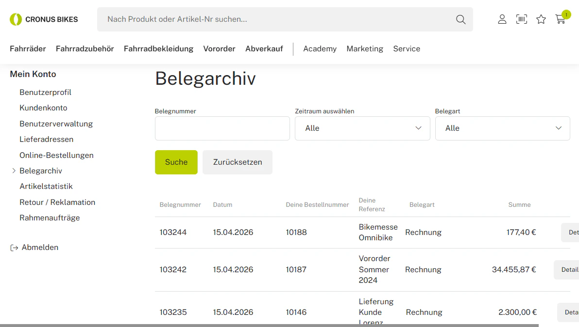 Belegarchiv im B2B-Onlineshop von Cronus Bikes mit einer Übersicht vergangener Rechnungen.
