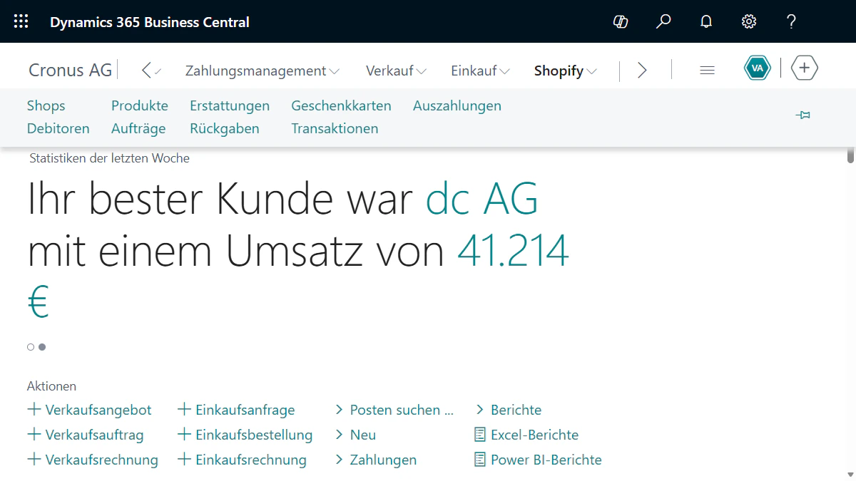 Dashboard von Microsoft Dynamics 365 Business Central mit Shopify-Integration und Verkaufsstatistiken.