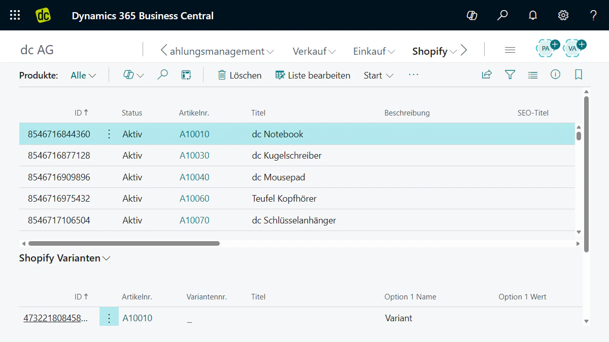 Produktliste in Microsoft Dynamics 365 Business Central mit aktiven Shopify-Artikeln wie Notebook und Kopfhörer.