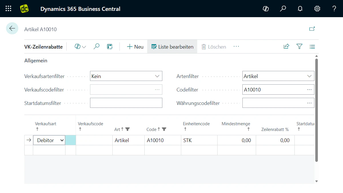 Benutzeroberfläche von Microsoft Dynamics 365 Business Central mit der Konfiguration von VK-Zeilenrabatten für Artikel.