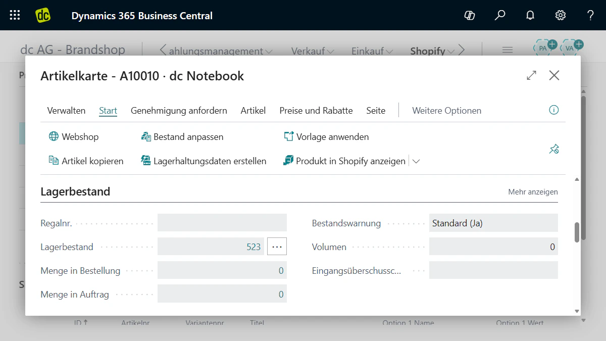 Artikelkarte in Dynamics 365 Business Central mit Lagerbestand für den Shopify-Webshop.