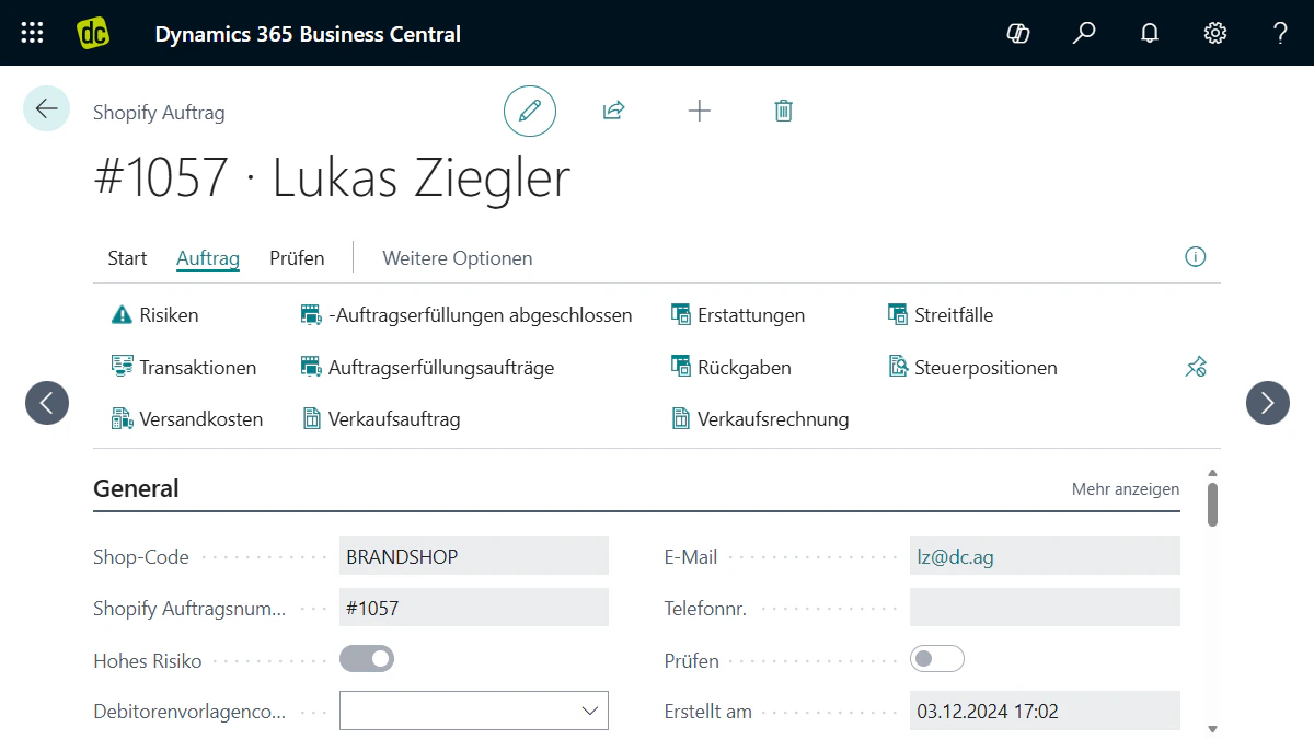 Benutzeroberfläche von Microsoft Dynamics 365 Business Central mit einem geöffneten Shopify-Auftrag.