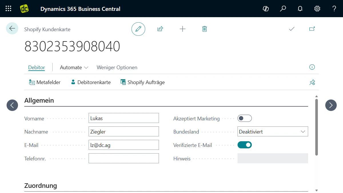 Shopify Kundenkarte eines Debitors in der Benutzeroberfläche von Microsoft Dynamics 365 Business Central.