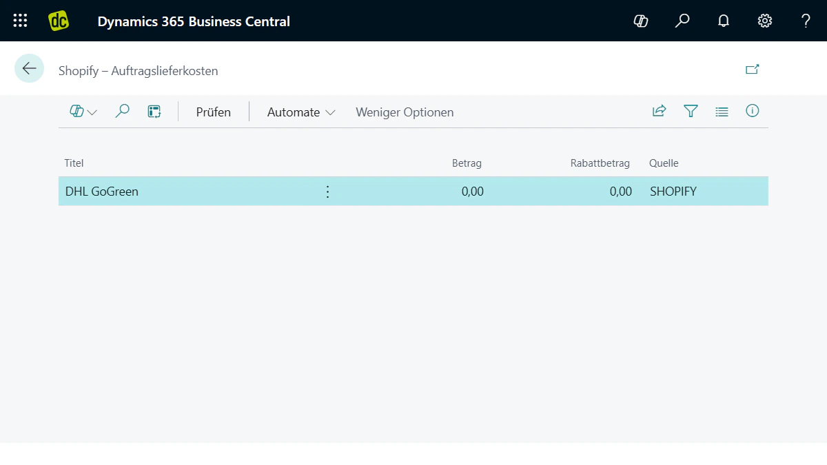Benutzeroberfläche von Microsoft Dynamics 365 Business Central zeigt Shopify-Auftragslieferkosten mit DHL GoGreen.